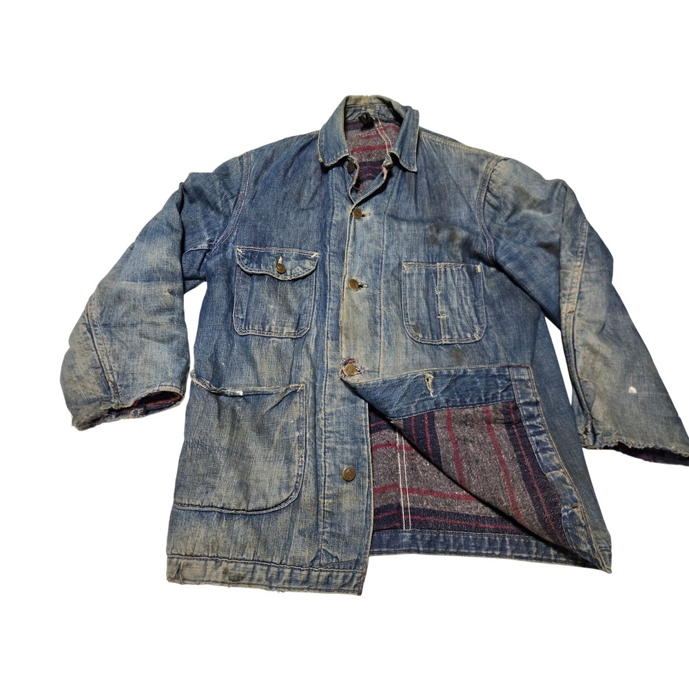 Vintage Blue Denim Blanket Lined Chore Coat Distressed Barn Jacket Men's M